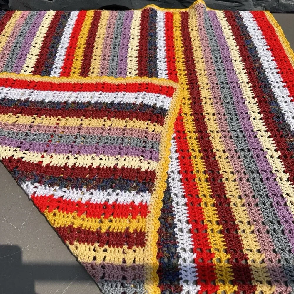 Handmade Crocheted Striped Multicolor Throw Blanket 43x43 in Grandmacore Cottage